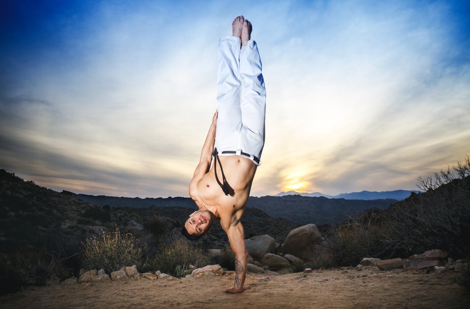Capoeira handstand in the Palm Springs desert